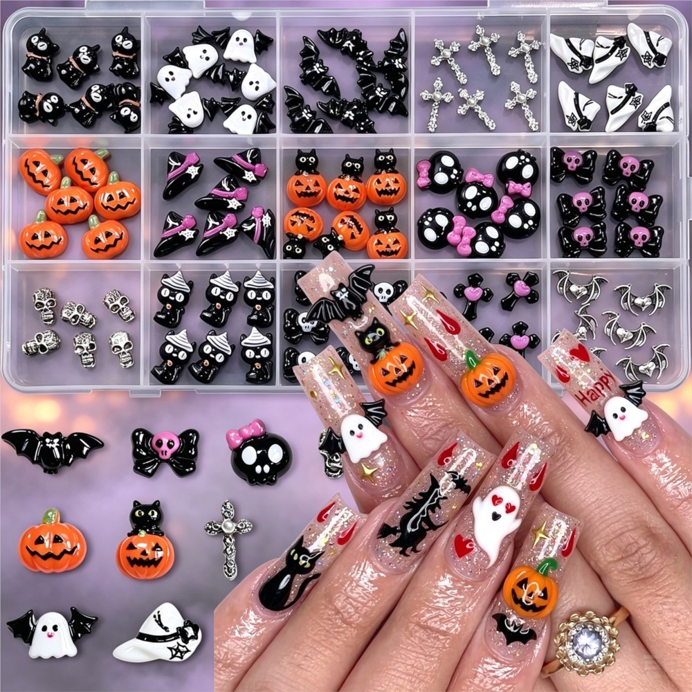 Nail Art Valentines Day - 15grid 3D schattige Halloween pompoen/schedel/spook/kruis nagelsteentjes